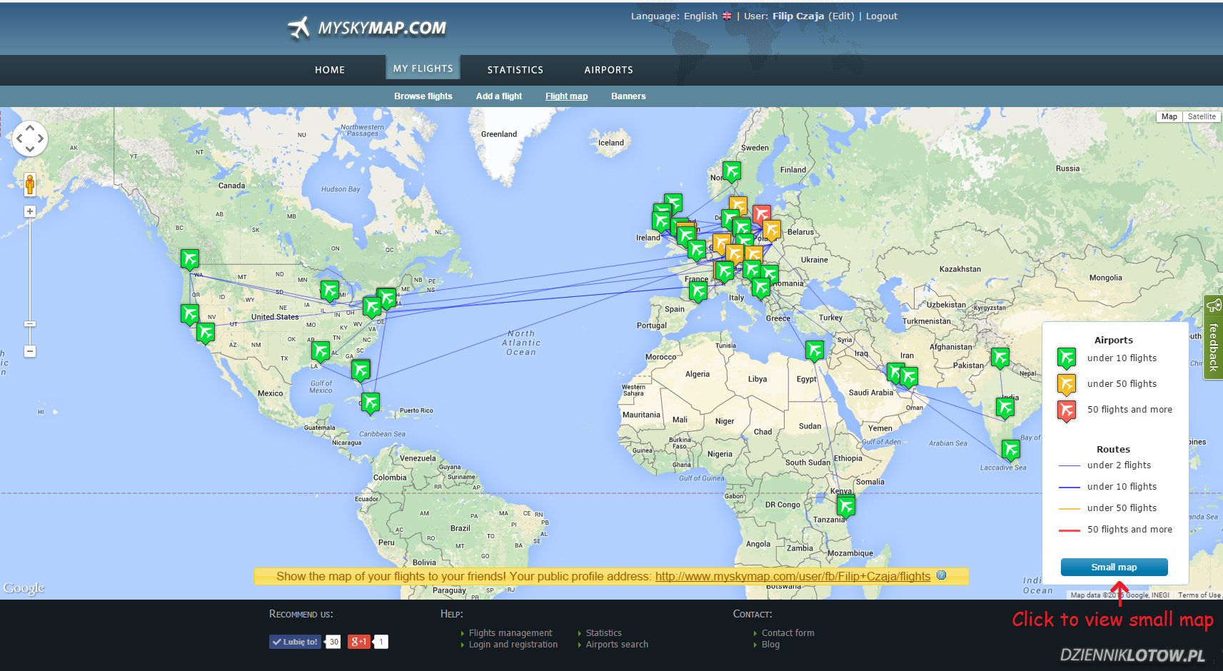 Large, nearly full-screen map of user flights.