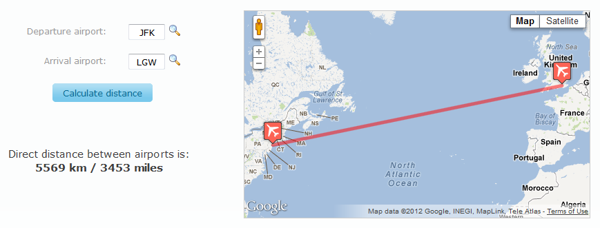 Calculate distance between two airports